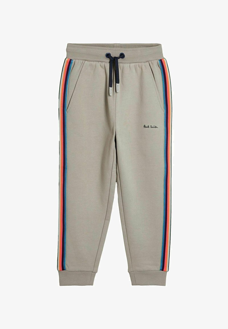 Pantaloni de jogging gri cu dungi laterale în roșu, portocaliu, albastru și negru. Caracteristici: talie elastică cu șnur și două buzunare laterale.