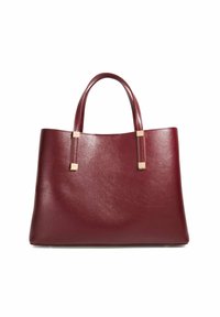 Sac à main en cuir bourgogne avec deux poignées supérieures et accents en métal doré. Fini lisse et forme rectangulaire structurée.