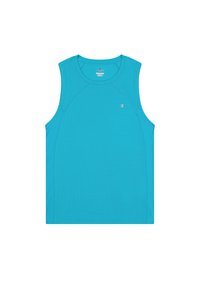 Turkusowy bezrękawnik sportowy z teksturowanym wzorem, okrągłym dekoltem i kontrastowym ściegiem. Zawiera logo po lewej stronie.