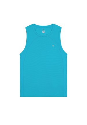 Turkusowy bezrękawnik sportowy z teksturowanym wzorem, okrągłym dekoltem i kontrastowym ściegiem. Zawiera logo po lewej stronie.