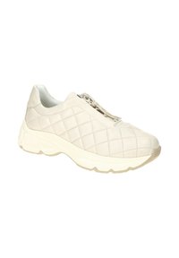 Helle beigefarbene Sneaker mit gestepptem Muster, als Slipper konzipiert und mit runder Spitze. Verfügt über einen gepolsterten Schaft und eine dicke weiße Sohle.