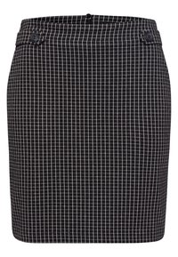 Jupe mini noire avec un motif en quadrillage blanc, dotée de deux détails de boutons noirs à la taille.