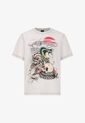 Light grey cotton t-shirt featuring a colorful dragon and skull graphic with black and red accents, crew neck, and short sleeves.