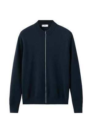 Laivastonsininen pitkähihainen neuletakki, jossa on täysi vetoketju edessä sekä resorit kauluksessa, hihansuissa ja helmassa, esillä valkoisella taustalla.