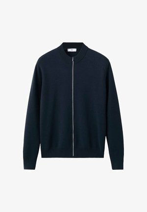 Cárdigan azul marino de manga larga con cremallera completa en el frente y cuello, puños y dobladillo acanalados, exhibido sobre un fondo blanco.