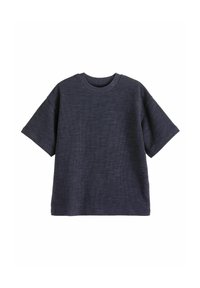 Mörkgrå kortärmad t-shirt i texturerad tyg, med rundad halsringning och en avslappnad passform. Enkel, utan dekorationer.