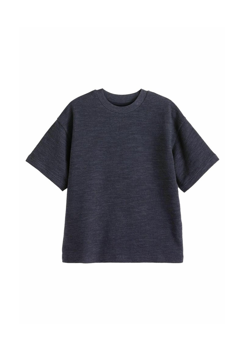 Mörkgrå kortärmad t-shirt i texturerad tyg, med rundad halsringning och en avslappnad passform. Enkel, utan dekorationer.