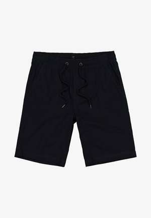 Czarne szorty kąpielowe wykonane z lekkiego materiału, z elastycznym paskiem w talii z sznurkiem ściągającym oraz bocznymi kieszeniami.