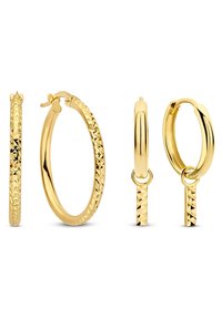 Gold hoop earrings featuring a textured design with a center pattern. The earrings have a smooth underside and a small pendant detail.
