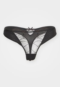 Juodas tinklinis ir nėriniuotas stringai, su dekoratyviniu raštu ir centrine kaspino akcentu. Lygus audinys, minimalios aprėpties dizainas.