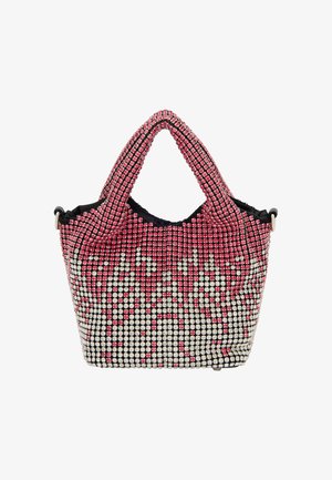 Kristalais puošta rankinė su rožinės ir baltos spalvos gradientu, juodu pagrindu ir dviem rankenom, patogiam nešiojimui.