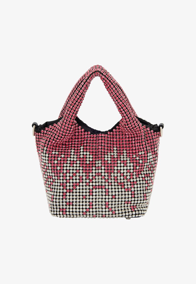 Rhinestone díszítésű kézitáska rózsaszín-fehér gradációval, fekete alappal és két fogantyúval az egyszerű hordozhatóság érdekében.