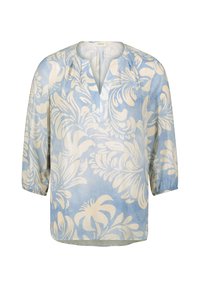 Blusa azzurra chiara con motivo floreale in crema, maniche a tre quarti, scollatura a V e vestibilità rilassata. Realizzata in un tessuto morbido e leggero.