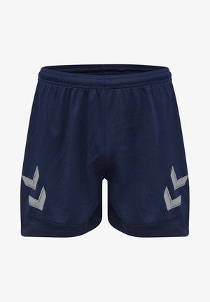 Marineblauwe sportshorts gemaakt van lichtgewicht stof met een ademende textuur, met twee zilveren chevron-ontwerpen aan de zijkanten.