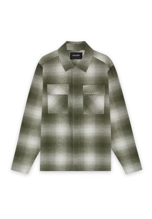 Groene en witte geblokte shirt met een kraag, twee borstzakken, lange mouwen en een ruitpatroon met variërende tinten.