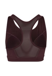 Burgunderfarbener Sport-BH mit Racerback-Design, ausgestattet mit Netzpaneelen für Atmungsaktivität, elastischem Unterband und glatten Nähdetails.