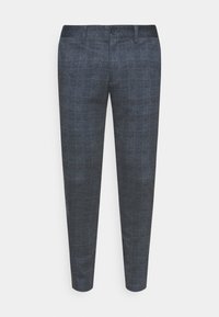 Dark grey plaid trousers with a tailored fit, featuring a button closure, straight legs, and a textured fabric pattern.