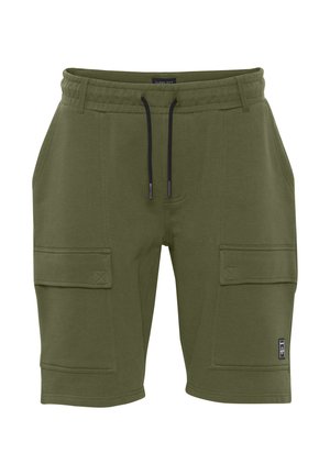 Olíva zöld cargo shorts puha anyagból, két nagy oldalsó zsebbel, rugalmas derékkal és állítható zsinórral.