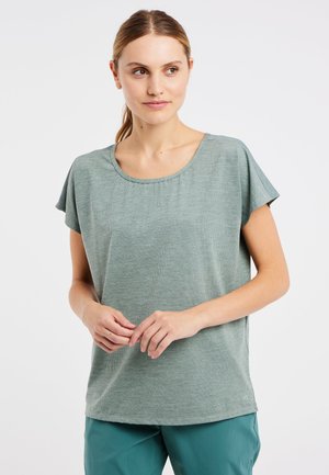 Korte mouwen, lichtgroen top met een textuurpatroon en ronde halslijn, gemaakt van lichtgewicht stof, gecombineerd met tealbroeken.