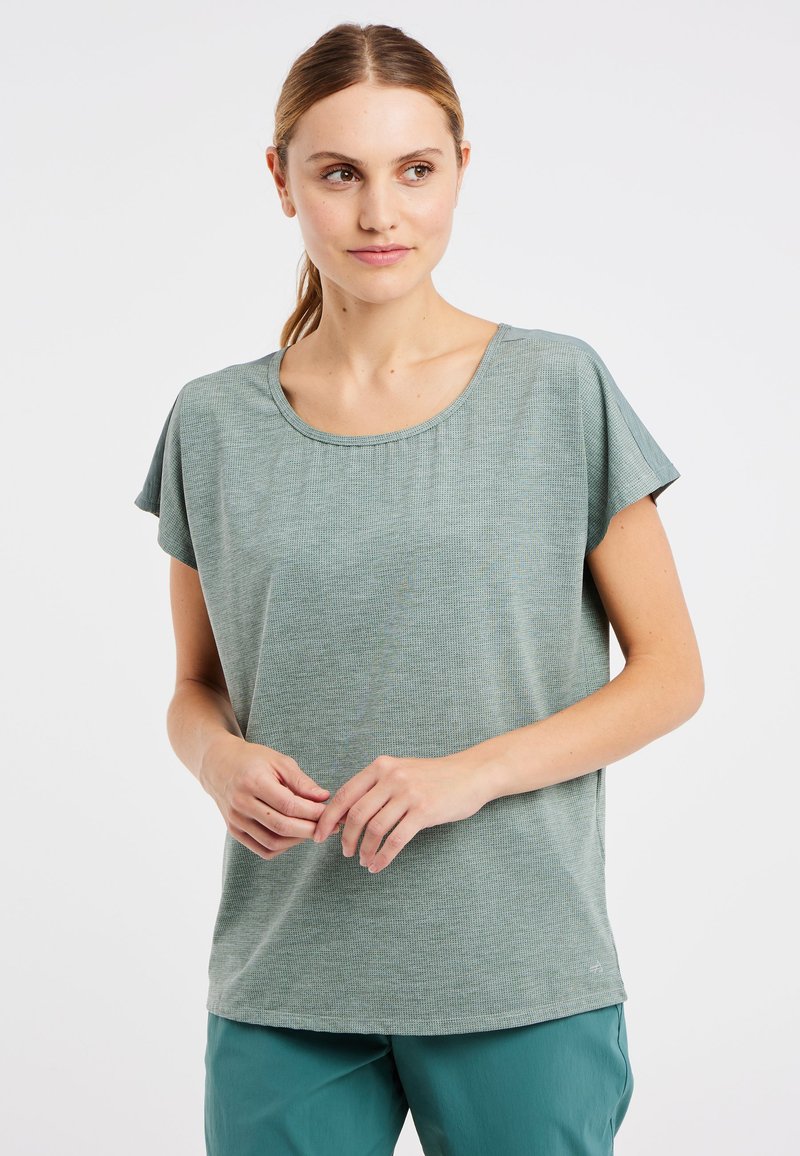 Korte mouwen, lichtgroen top met een textuurpatroon en ronde halslijn, gemaakt van lichtgewicht stof, gecombineerd met tealbroeken.