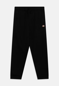 Black sweatpants made of soft fabric, featuring a ribbed cuff at the ankle, a drawstring waist, and a small embroidered logo on the left side.
