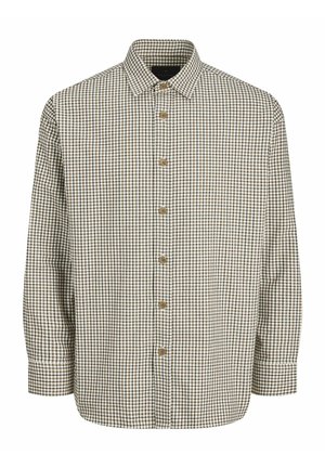 Bruine en witte geruite shirt met lange mouwen, knoopsluiting aan de voorkant, spitse kraag en afgeronde zoom. Gemaakt van een stof met een textuur.