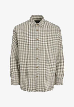 Brūna un baltā šaha raksta krekls ar garām piedurknēm, pogu priekšpusi, norādītu apkakli un noapaļotu apakšmalu. Izgatavots no auduma ar teksturētu virsmu.