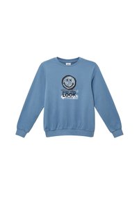 Felpa blu a maniche lunghe con un smiley che fa l'occhiolino e la scritta "MAKE THEM LOOK" in bianco e nero sulla parte anteriore.