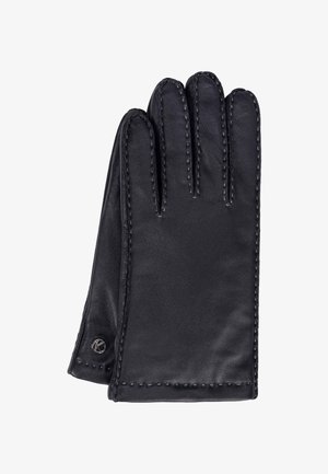 Schwarzer Lederhandschuh mit glatter Textur und Fünf-Finger-Design, akzentuiert mit kontrastierendem Nähen und einem kleinen Logo am Handgelenk.