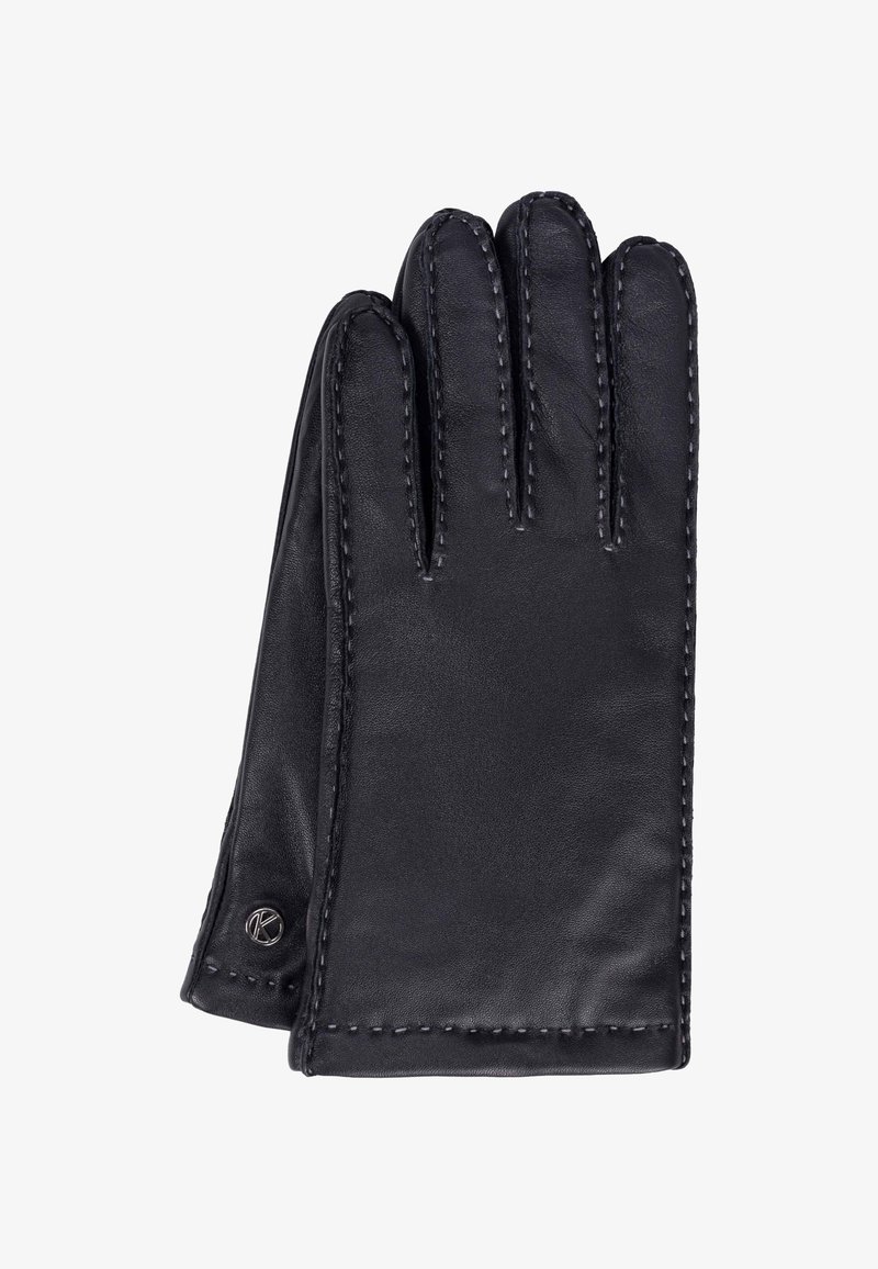 Schwarzer Lederhandschuh mit glatter Textur und Fünf-Finger-Design, akzentuiert mit kontrastierendem Nähen und einem kleinen Logo am Handgelenk.