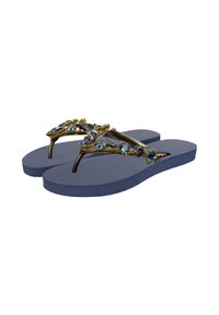 Tongs en caoutchouc bleu avec une semelle texturée et des brides dorées ornées de gemmes décoratives multicolores.