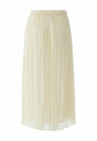 Langer plissierter Rock in cremefarbe mit elastischem Bund, leichtem, transparentem Stoff und fließender Silhouette.