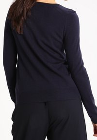 Navy blue knit sweater with long sleeves, ribbed hem, and a round neckline. Smooth texture, fitted design, showcasing the back view.