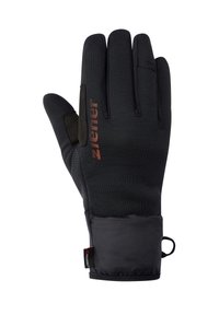 Schwarzer Handschuh aus synthetischem Material, mit einer strukturierten Oberfläche und einem weichen Bündchen mit Zuglasche. Enthält rote Markenakzente.