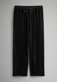 Schwarze, samtige Jogginghosen mit einem elastischen Bund und Kordelzug. Gerade Beine und glatte Textur, entworfen für Komfort und einfache Tragbarkeit.