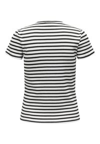 T-shirt noir et blanc à rayures, à manches courtes et col rond, fabriqué en tissu doux. Présente des rayures horizontales régulièrement espacées.