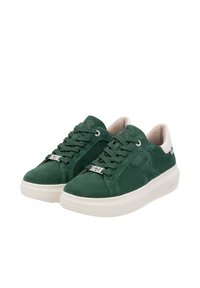 Green suede sneakers with white rubber sole, featuring lace-up design, silver hardware accents, and a smooth inner lining.