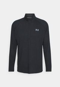 Black long-sleeve pullover with a half-zip collar and Under Armour logo in light blue on the upper left chest. Smooth fabric texture.