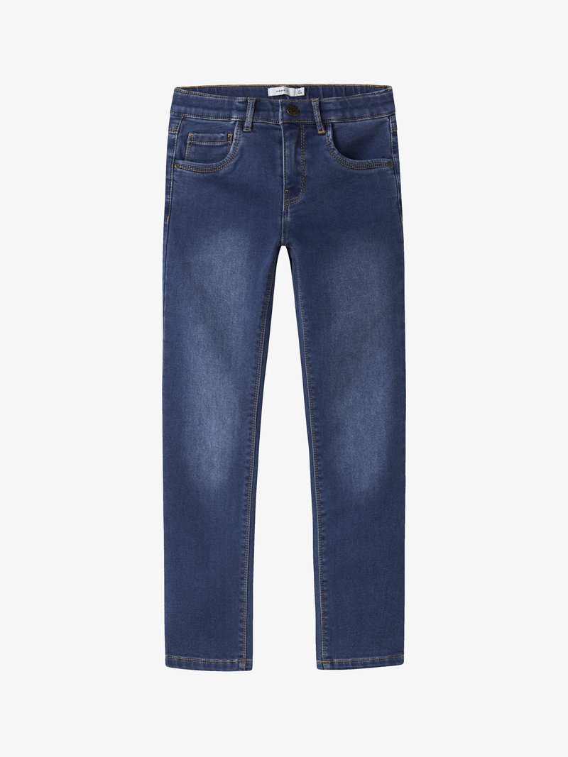 Mörkblå jeans i denim med rak skärning, fem fickor, subtil blekning och gula sömmar längs med sömmar och fickor.