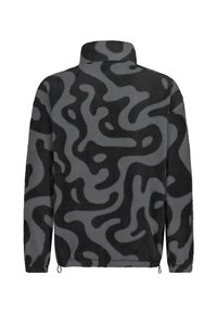 Fleece pullover met hoge kraag, voorzien van een grijs abstract patroon op een zwarte achtergrond. Zachte textuur met verstelbare zoom en manchetten.