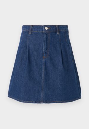 Denimkjol i mörkblått, med en figurnära midja, veckt design och kontrasterande sömmar. Över-knä längd med rak fåll.