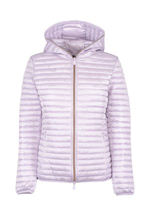 Jasnofioletowa pikowana kurtka puchowa z kapturem, długimi rękawami i zamkiem błyskawicznym z przodu.