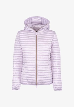 Lichtpaarse doorgestikte pufferjas met capuchon, lange mouwen en ritssluiting aan de voorkant.