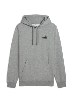 Grå pullover-hoodie med frontlomme, snøretræk i hætten, ribkanten ved ærmerne og lille sort Puma-logo på venstre bryst.