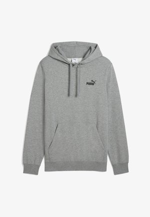 Grå pullover-hoodie med frontlomme, snøretræk i hætten, ribkanten ved ærmerne og lille sort Puma-logo på venstre bryst.