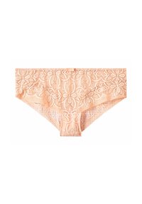 Sous-vêtements en dentelle pêche avec un motif floral, dotés de bords festonnés et d'une taille lisse et extensible. Détails fins sur l'ensemble.