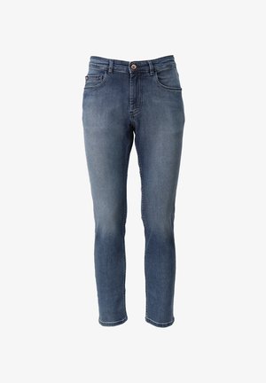Denim-Jeans in mittelblau mit leichter Ausbleichung, ausgestattet mit einem klassischen Fünf-Taschen-Design, Knopfverschluss und geradem Bein.