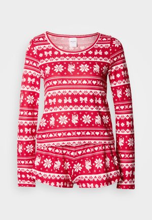 Maglia da pigiama rossa a maniche lunghe con motivi invernali bianchi, tra cui fiocchi di neve, fiocchi e renne. Tessuto morbido con scollatura a girocollo.