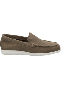 Wildleder-Slipper in taupe mit weißer Gummisohle. Verfügt über eine runde Zehenpartie und eine erhöhte Naht entlang der oberen Kante. Einfaches Design.