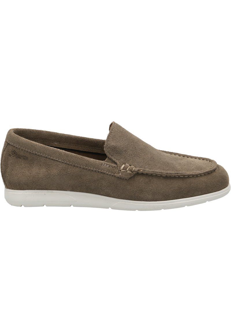 Wildleder-Slipper in taupe mit weißer Gummisohle. Verfügt über eine runde Zehenpartie und eine erhöhte Naht entlang der oberen Kante. Einfaches Design.